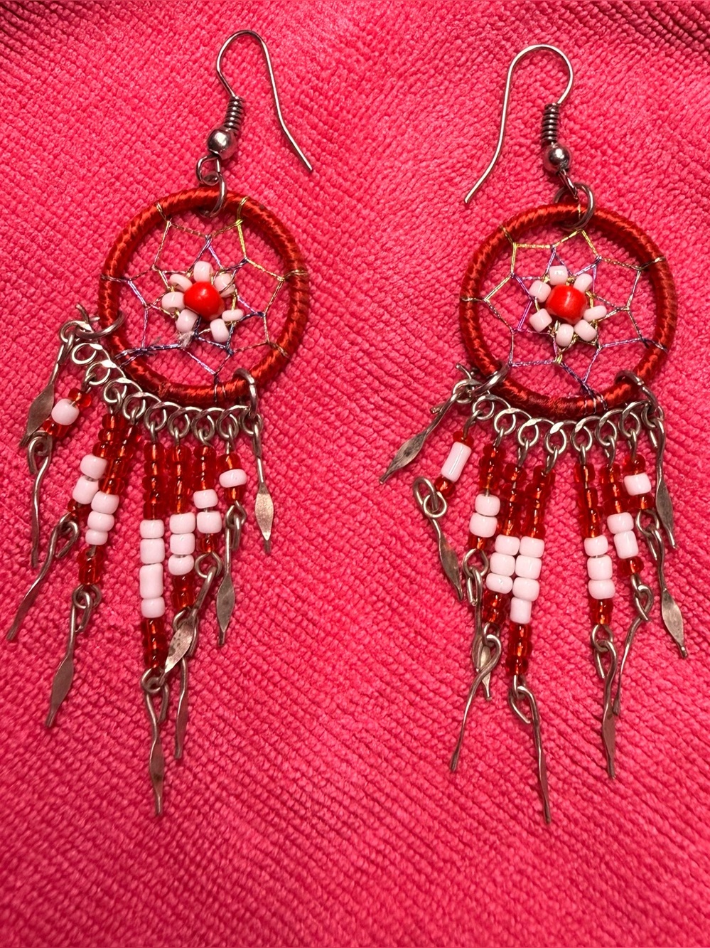 Handcrafted Red and Pink Dreamcatcher Dangle Earrings and bracelet